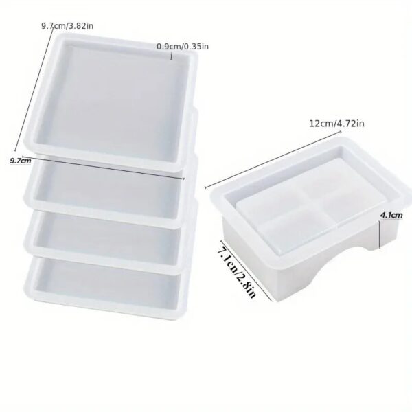 5 moules Silicone, 1 moule de boîte de rangement, 4 moules de dessous de verre, forme rectangulaire