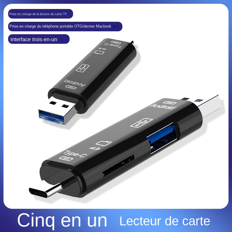 Adaptateur multifonction 5 en 1 Usb 2.0 Type C Usb Micro UsbTf SD, lecteur de cartes mémoire OTG