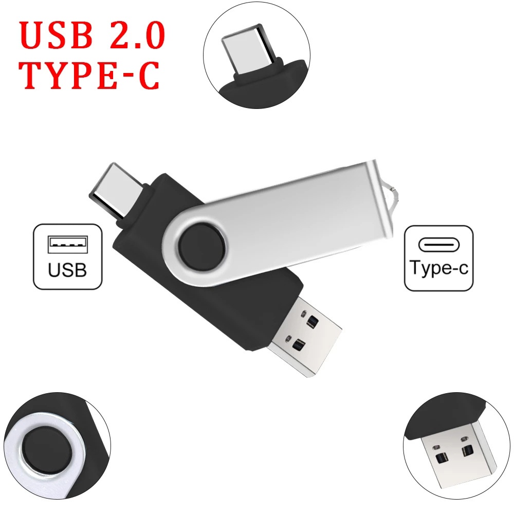 Clé USB 2.0 de type C rotative et créative, support à mémoire de 64 Go, deux en un, pour ordinateur, téléphone portable, tourisme