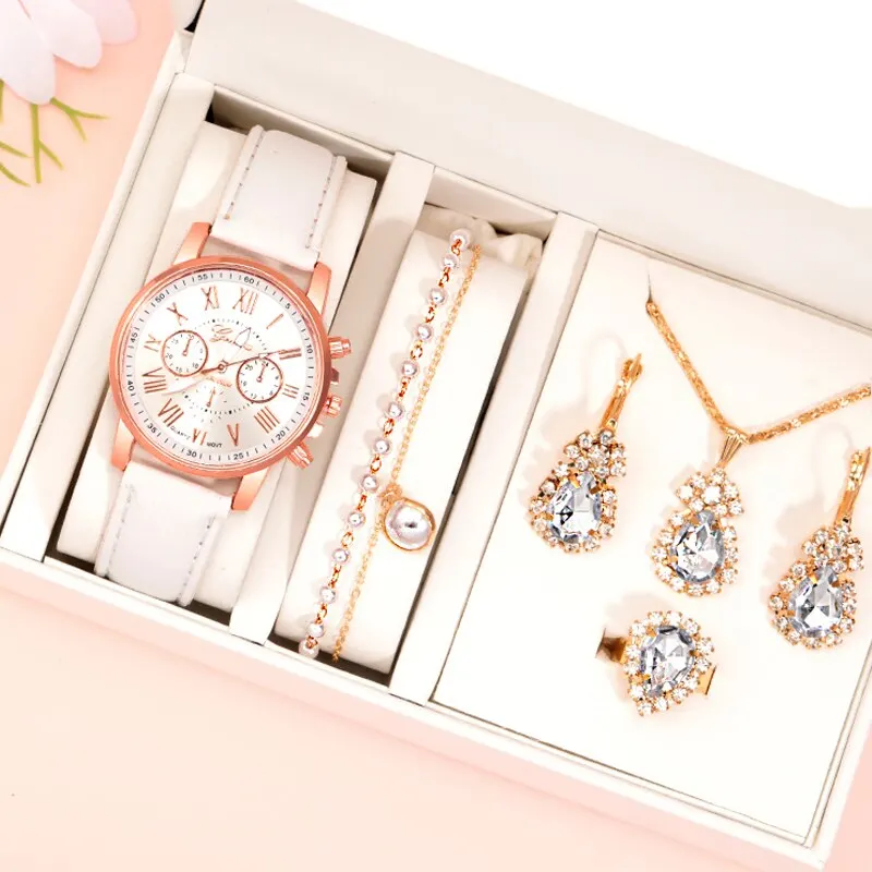 Ensemble de 6 pièces, Montre à quartz en cuir blanc pour femme,
