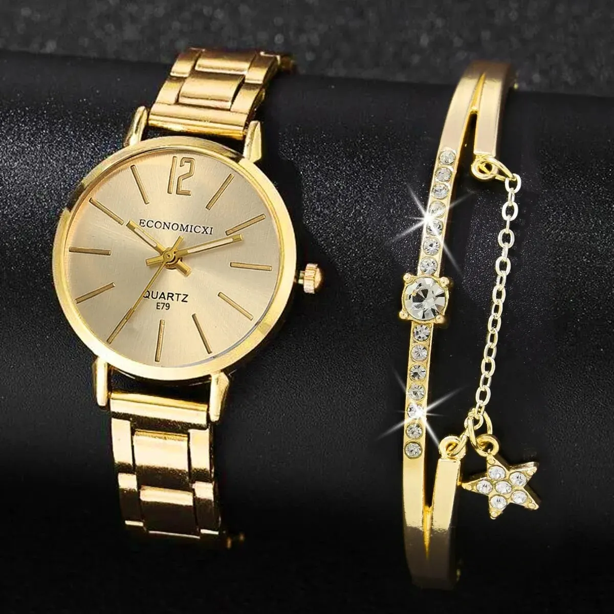 Ensemble de montre à quartz classique pour femme, bracelet en acier