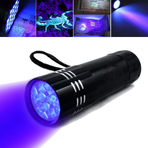 Lampe de poche ultraviolette à 9 LED, torche imperméable en aluminium, outil d’éclairage tactique 4.5v