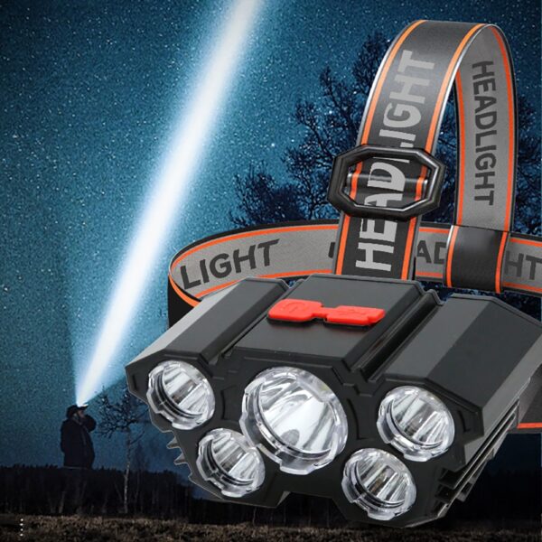 Lampe frontale à 5 LED avec batterie 18650 intégrée, camping, aventure, pêche,