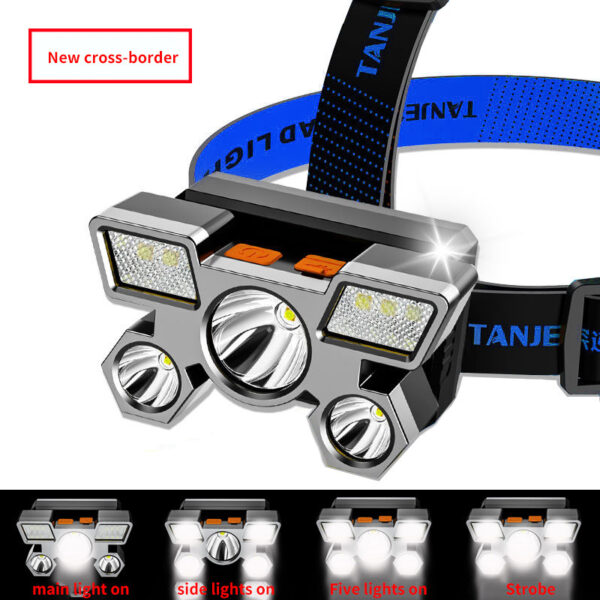 Lampe frontale de Mine à Led, cinq têtes, 2 carrées, Rechargeable par USB