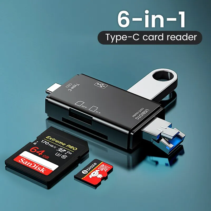 Lecteur de carte SD OTG multifonction 6 en 1, USB 2.0 Type-C/TF/SD