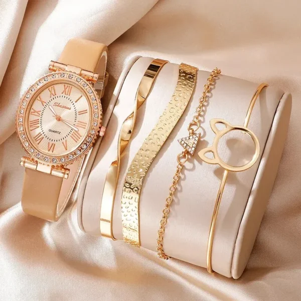 Montre à quartz analogique pour femme, bracelet en cuir de luxe, montre-bracelet pour femme, ensemble de bracelets habnommée, mode féminine
