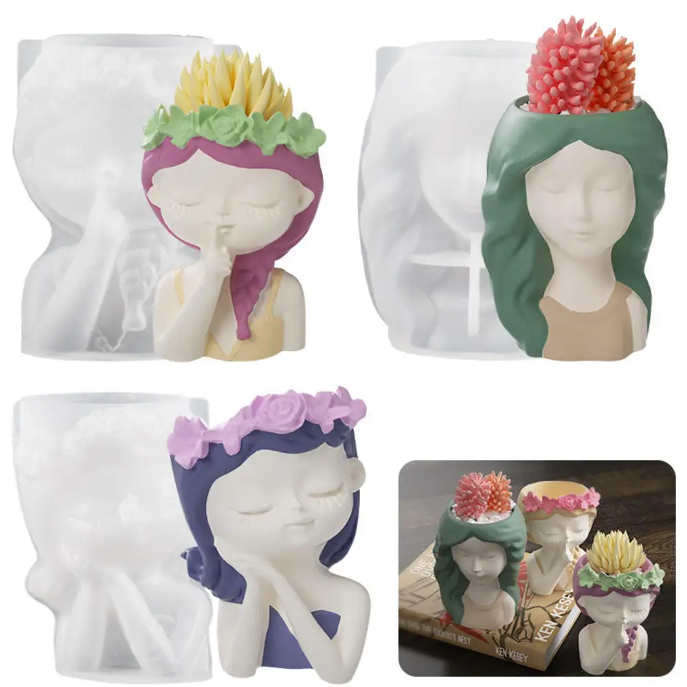 Moule en silicone fille pour pot de fleur, pot de bougie en plâtre, résine, béton