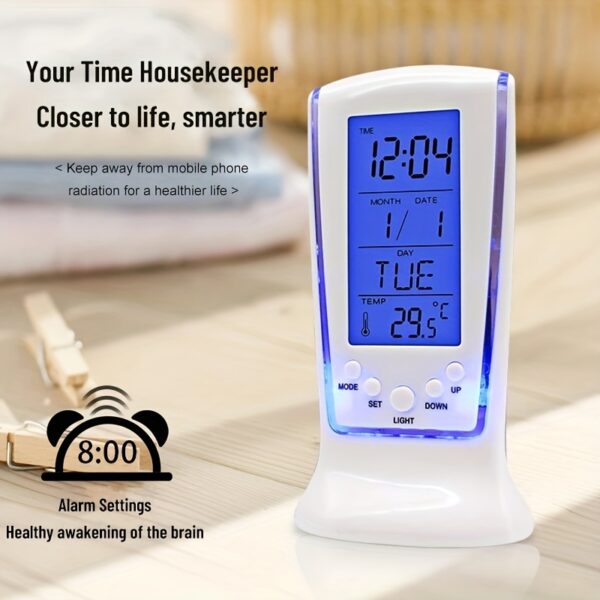 Réveil numérique multifonction avec rétro-éclairage bleu, calendrier, thermomètre