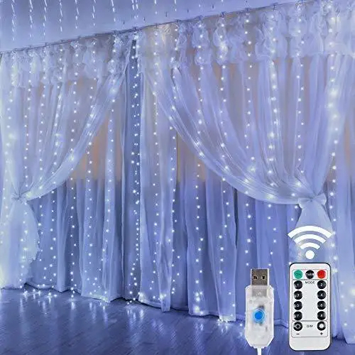 Rideau Lumineux LED, 300 LED, 3 x 3 m avec télécommande, Couleur Blanche